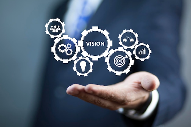 Business professional presenting company vision on virtual screens